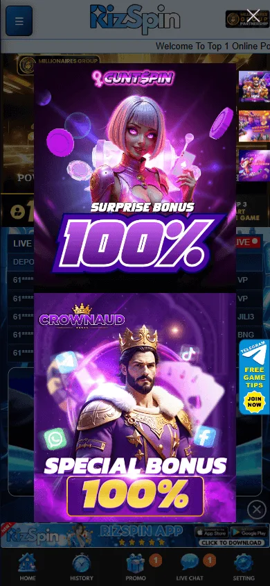 Rizspin Casino games area in a mobile browser