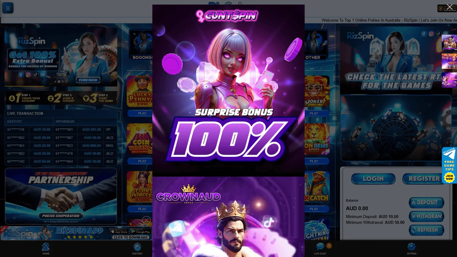 Rizspin Casino games area on a desktop browser