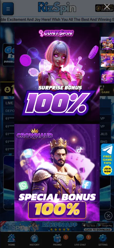 Rizspin Casino home page in a mobile browser