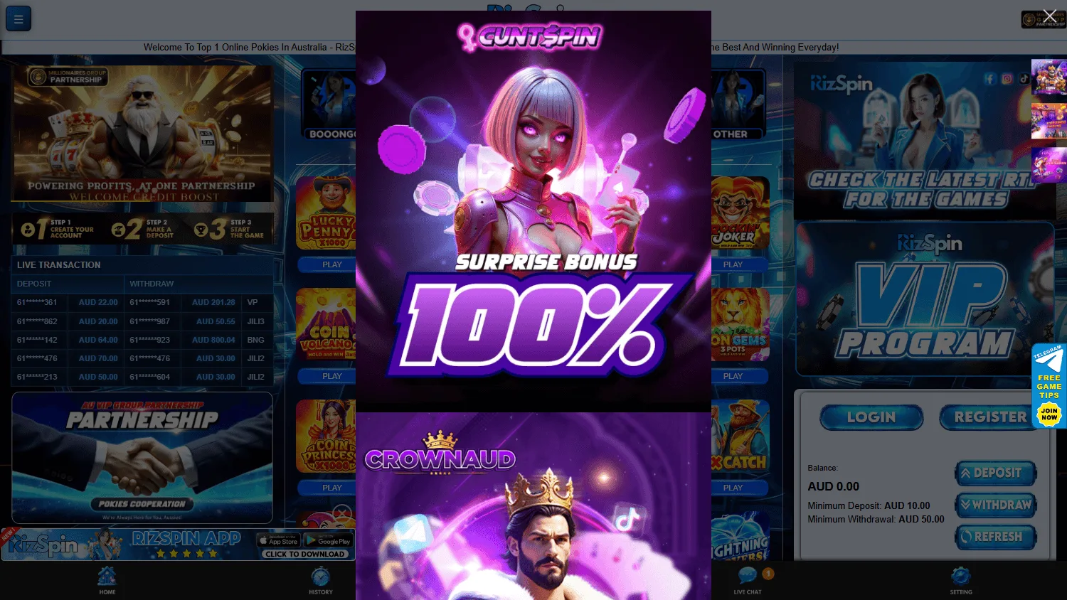Rizspin Casino home page on a desktop browser