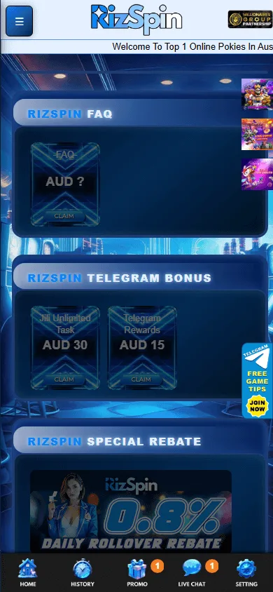 Rizspin Casino promotions area in a mobile browser