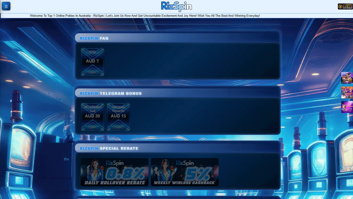 Rizspin Casino promotions area on a desktop browser